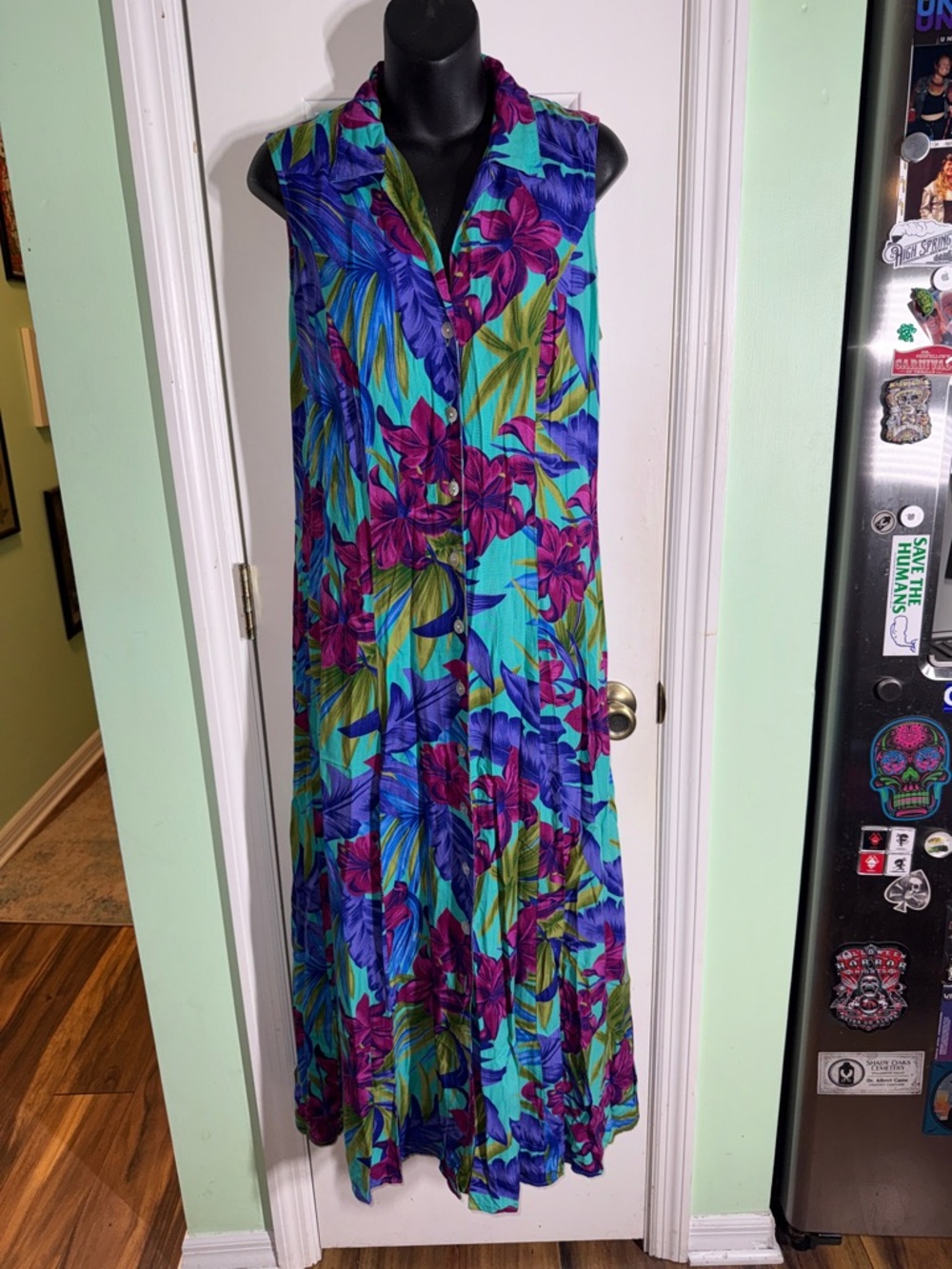 California Krush Teal & Purple Sleeveless Floral Button-Front Vintage Maxi Med